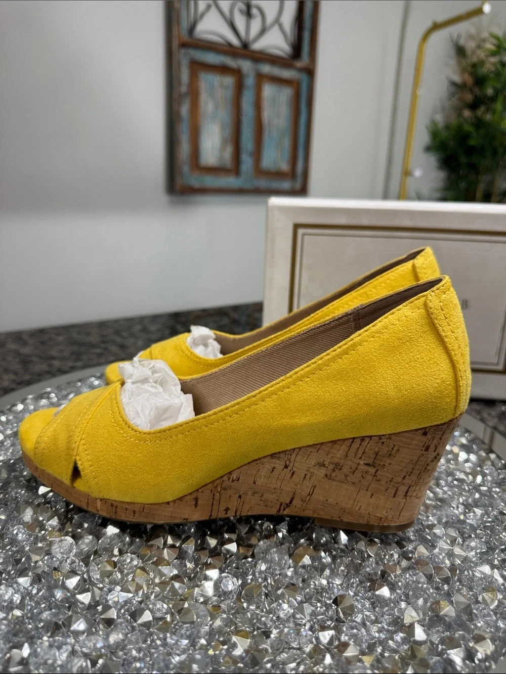 Charter Club Toniiem Yellow Cork Wedge Peep-Toe Heels NEW 8